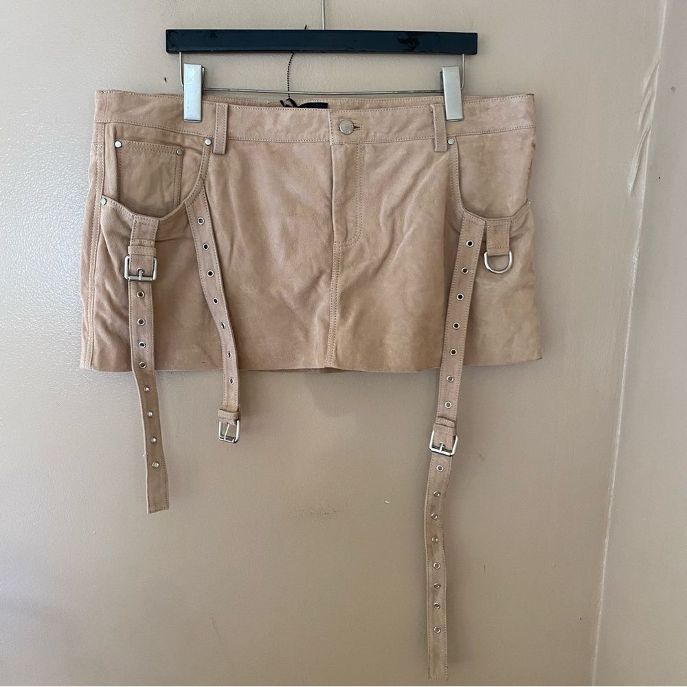 Retrofete VERNA suede LEATHER SKIRT Tan Mini buckles low rise NWT XL - Picture 14 of 15